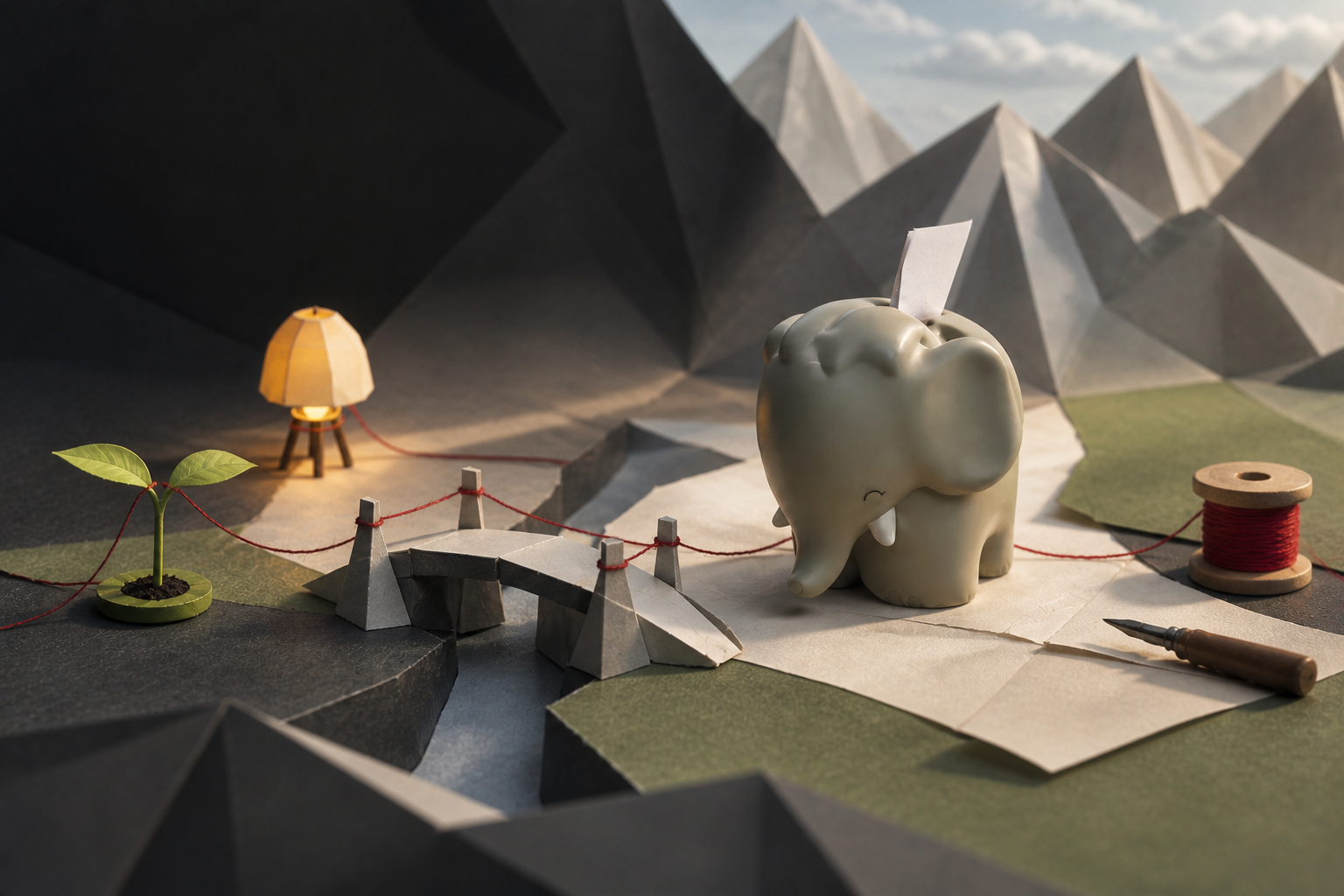 Le petit éléphant en céramique grise, près d’un pont de papier et d’un fil rouge